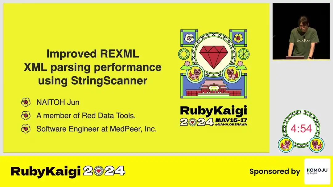 talk by NAITOH Jun: Lightning Talk: Improved REXML XML parsing performance using StringScanner